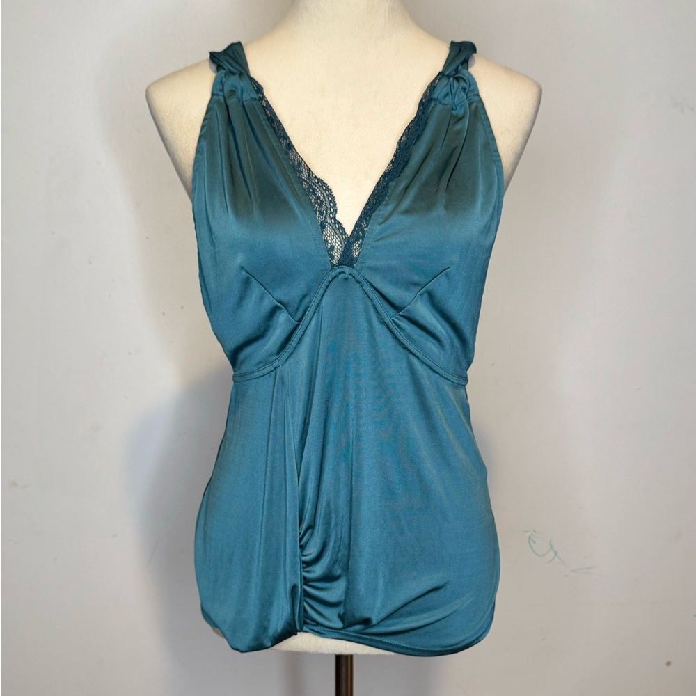 Free People Dark Green Lace Trim Satin Cami Top Y2K Boho Size S